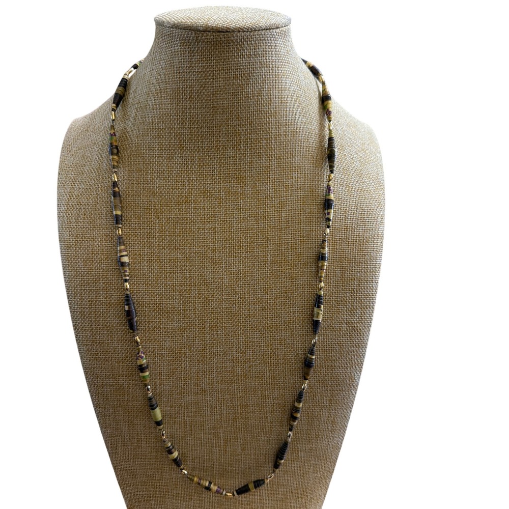 Handmade Paper Bead Necklace Multi Color Earthy Tones Long Artisan Strand Earth